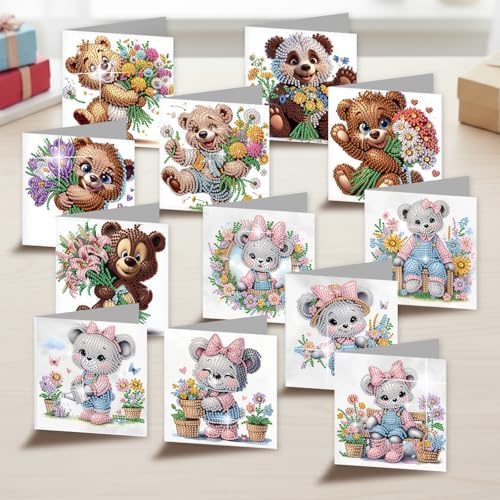 jinglinhh 12pcs Diamond Art Painting Flower Bear Greeting Cards with Envelopes, DIY Card Making Kits for Adults, Diamond Art Christmas Cards for Birthday Holiday Postcards Craft Gifts - Image 4