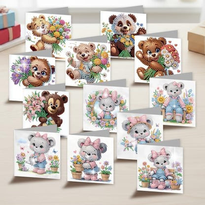 jinglinhh 12pcs Diamond Art Painting Flower Bear Greeting Cards with Envelopes, DIY Card Making Kits for Adults, Diamond Art Christmas Cards for Birthday Holiday Postcards Craft Gifts - Image 4