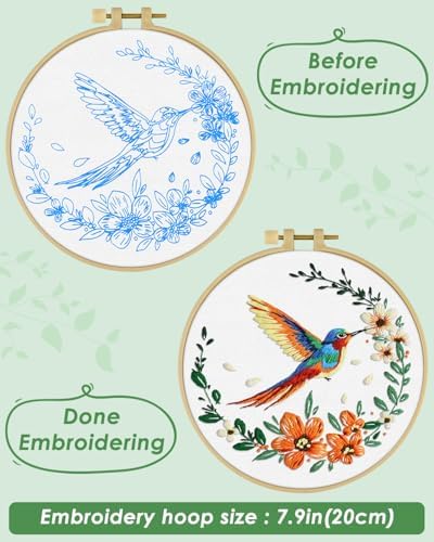 ERKOON Embroidery Kit for Beginners, Hummingbird and Flower Cross Stitch Set for Include Embroidery Cloth Hoops Threads for Craft Lover Hand Stitch (Colorful Hummingbird) - Image 3