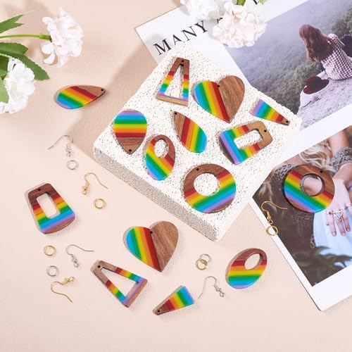 Elecrelive 8 Pairs Wood Earring Kit Rainbow Resin Wood Charms Stripe Wood Earring Pendants Heart Teardrop Triangle Vintage Dangle Earring Charms with Earring Hooks for Jewelry Craft Making - Image 7