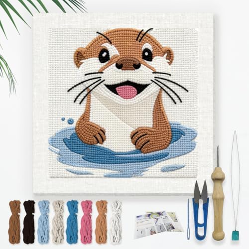 Doodlream Happy Otter Needle Kit for Beginner, 9.4"x 9.4" Cute Animal Punch Stitching Craft Set, DIY Embroidery Starter with Printed Frame, Instruction, Threader, Yarn, Pinch Needle by Doodlream