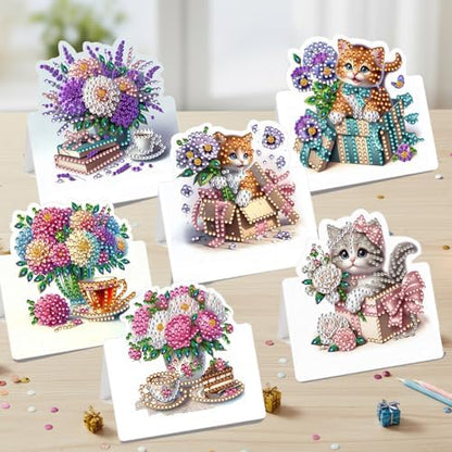 6 Packs Cat and Flowers DIY Diamond Art Greeting Cards with Envelopes Special Shaped 3D Fold Rhinestone Painting Card Handmade Gem Dots Art Kit for Beginner Adult Birthday Holiday Blessing Gift - Image 3