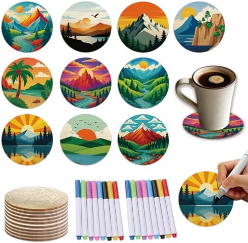 26PCS Wood Coasters Craft Kit 10 Paint You Own Coaster with 16 Markers Wooden Coasters Painting Set for Adults Beginners DIY Coaster Kit Landscape Painting Crafts Art Supplies(Landscape) by TWINKLEMON