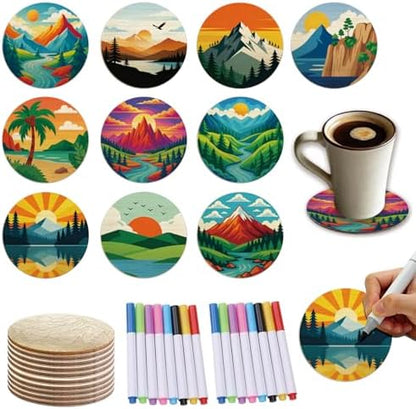 26PCS Wood Coasters Craft Kit 10 Paint You Own Coaster with 16 Markers Wooden Coasters Painting Set for Adults Beginners DIY Coaster Kit Landscape Painting Crafts Art Supplies(Landscape) by TWINKLEMON