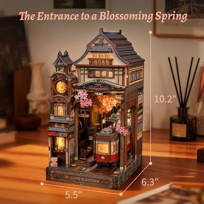 FUNPOLA Sakura Train Book Nook Kit – LED 3D Wood Puzzle with Infinity Mirror – DIY Bookshelf Decor, Miniature Craft Gift for Adults - Image 3