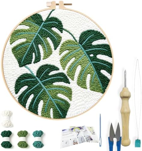FREEBLOSS DIY Punch Needle Kit for Beginners Monstera Deliciosa Embroidery Punch Needle Starter Craft Set with Instructions Embroidery Hoop Complete Tools for Adults Gift Decoration, 7.9"/20cm by FreeandCreativeCraftsArt