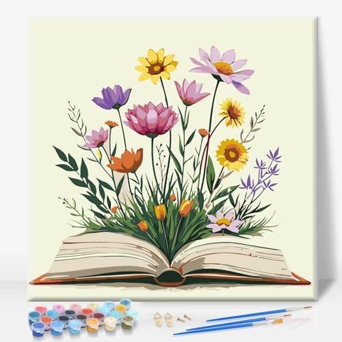 Framed Paint by Numbers Kit for Adults Beginners – Books and Flowers by CamocinDIYKit