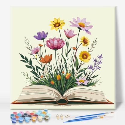 Framed Paint by Numbers Kit for Adults Beginners – Books and Flowers by CamocinDIYKit