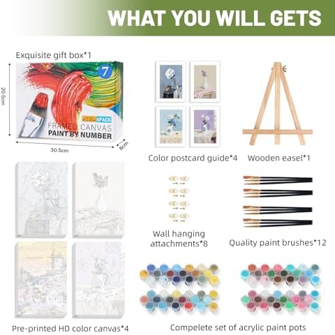 4 Pack Framed Paint by Numbers Kit for Adults Beginner with Wooden Easel, Flowers Vase Easy Paint by Numbers with Frame, DIY Adult Paint by Numbers Kits on Canvas Framed for Home Decor Gift 8x12 Inch - Image 4