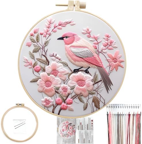 FONNUY Embroidery Kit for Beginners, Hummingbird Flowers Pre-Stamped Pattern Kits for Adults with Hoop, Easy to Follow Color Thread Needlework, 8''Hoop (Lightpink) by FONNUY