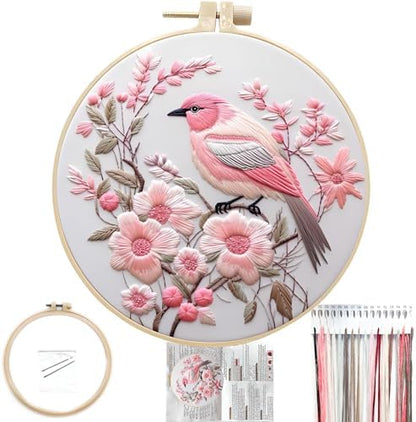 FONNUY Embroidery Kit for Beginners, Hummingbird Flowers Pre-Stamped Pattern Kits for Adults with Hoop, Easy to Follow Color Thread Needlework, 8''Hoop (Lightpink) by FONNUY