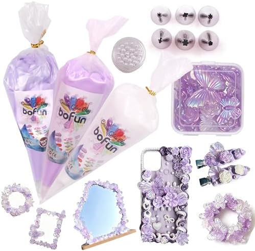Purple Whipped Cream Glue Handmade Set, Ideal for Miniature, Jewelry & DIY Phone Cases, with 3 Decoden Cream, 6 Tips, Pearl& Resin Packs (Purple/Pearl) by BoFUN