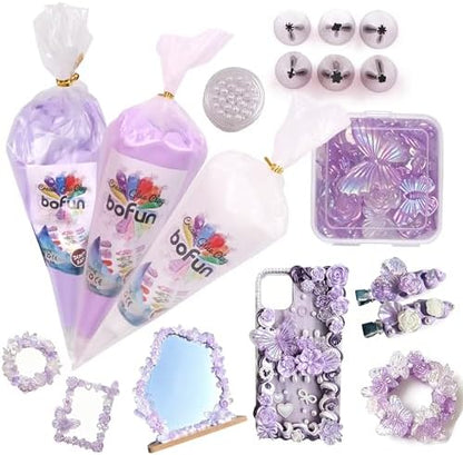 Purple Whipped Cream Glue Handmade Set, Ideal for Miniature, Jewelry & DIY Phone Cases, with 3 Decoden Cream, 6 Tips, Pearl& Resin Packs (Purple/Pearl) by BoFUN