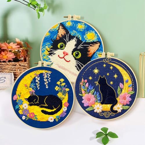 FEIYUENO 3 Sets Cross Stitch Embroidery Kit for Beginner Adults (Cat) - Image 5