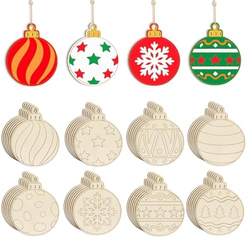 80PCS Wooden Christmas Ornaments to Paint, 8 Styles DIY Blank Unfinished Wood Christmas Ball Christmas Decoration Cutouts Ornament for Crafts Winter Hanging Decorations by Sophena