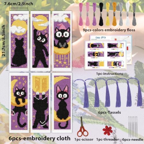 ACRNIGHEET 6PCS Cross Stitch Bookmark Kit for Beginner Stamped Cross Stitch Kits for Adults Cute Cat & Moon DIY Tassel Embroidery Bookmark Kits Needlepoint Kit with Instructions Gift 8.5''x3'' 11CT - Image 2