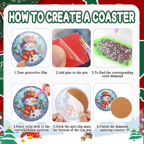 EWJRNSF 6 PCS 5D Diamond Painting Coasters Kits with Holder, Small Diamond Art Kits for Adults Beginners Diamond Dots Arts and Crafts Gems Supplies Item Christmas Style - Image 3