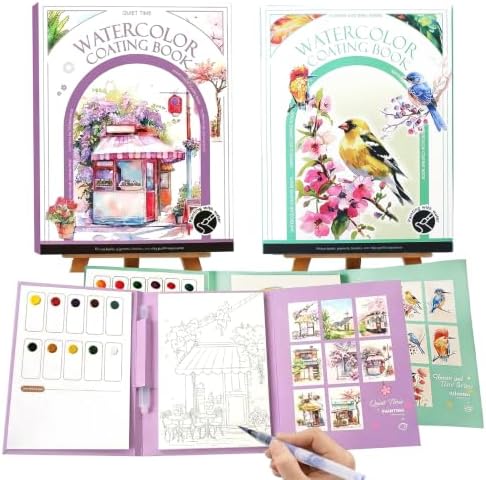 Watercolor Coloring Book for Adults, 2-Pack Watercolor Workbook Kit for Beginners with 24 Colors, 2 Water Brushes, 32 Pages, 240gsm Thick Watercolor Paper, Stress Relief Art Gift (Bird & Quiet) by Unknown