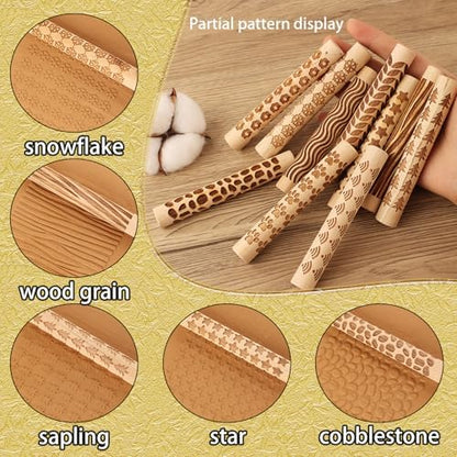 11-Pc Wood Texture Roller Set – Embossed Pattern Clay Rolling Pins & Carved Stamps for Handbuilding Pottery DIY Art Crafts (11 Wooden Texture Sticks) - Image 3