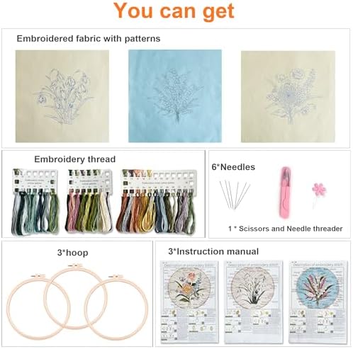 Myfelicity Embroidery kit for Adults and Beginners, Includes 3 Floral Pattern Fabrics, 3 Embroidery Hoops, Embroidery Floss and Other Tools. - Image 6