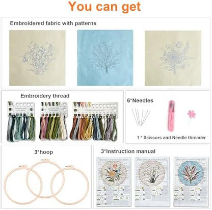 Myfelicity Embroidery kit for Adults and Beginners, Includes 3 Floral Pattern Fabrics, 3 Embroidery Hoops, Embroidery Floss and Other Tools. - Image 6
