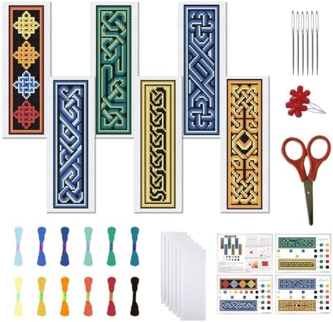 FREEBLOSS 6 Set Cross Stitch Bookmark Kit Cross Stitch Kit Celtic Knots Stamped Embroidery Bookmark with Instruction Cross Stitch Kits for Adults DIY Bookmark Kit 8.66''x3.15'' by FreeandCreativeCraftsArt