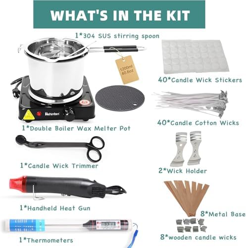 Hehinton Double Boiler Wax Melter 1200ML/40.6OZ, Candle Making Kit Supplies for Adults Beginners, DIY Kit with 1000W Electric Hot Plate, Wick Trimmer, Hot Air Gun, Thermometer, Wick Stickers - Image 2