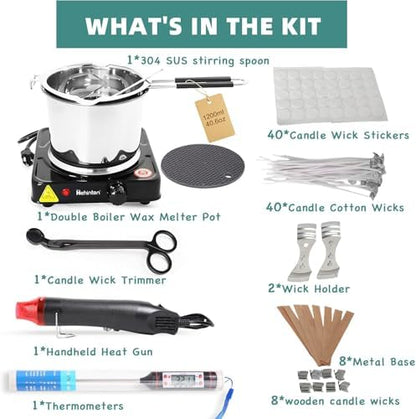 Hehinton Double Boiler Wax Melter 1200ML/40.6OZ, Candle Making Kit Supplies for Adults Beginners, DIY Kit with 1000W Electric Hot Plate, Wick Trimmer, Hot Air Gun, Thermometer, Wick Stickers - Image 2