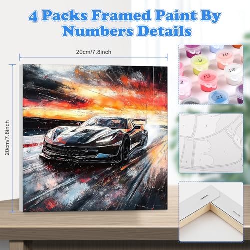 GHHKUD 4 Pack Racing Car Paint by Numbers Kits for Adults with Frame, DIY Car Paint by Numbers for Beginners, Painting by Numbers on Canvas Gifts for Home Decor 20x20cm - Image 2