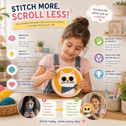 CELCRAFTIQUE Punch Needle Kits for Adults Beginner, Tool with Punch Needle Fabric, Hoops, Yarns and Sewing Needles (Lemon Cat) - Image 6