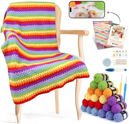 Reessy Crochet Blanket Kit for Beginners, Easy Crochet Kit for Beginners Adults & Kids with Step-by-Step Video Instructions, 43pcs Colorful Rainbow Stripe Learn to Knit Kits for Beginner by Reessy