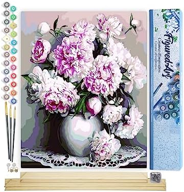 Figured'Art Paint by Numbers Kit for Adults Vase of Peonies 16"x20" - Craft Art Painting Rolled Canvas with DIY Wooden Frame by FiguredArt