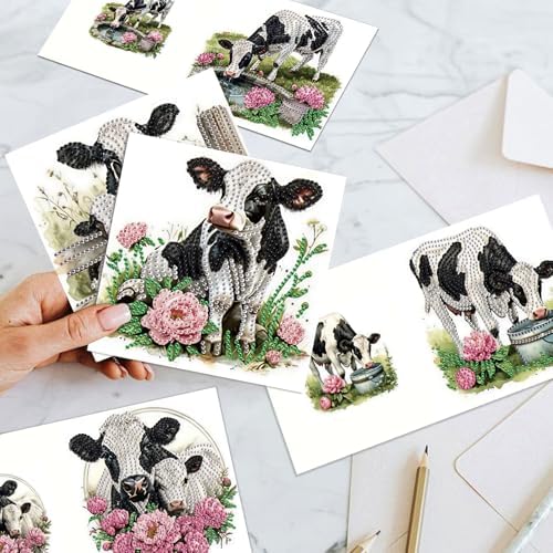 antor 6 Pack DIY Diamond Art Greeting Cards with Envelopes, Special Shaped Rhinestone Diamond Painting Card Kit, Cute Cow Animal Design for Adults Birthday Thank You Greeting - Image 7