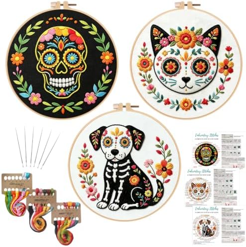 Nuberlic 3 Pack Sugar Skull Embroidery Kit for Beginners, Day of the Dead by Nuberlic