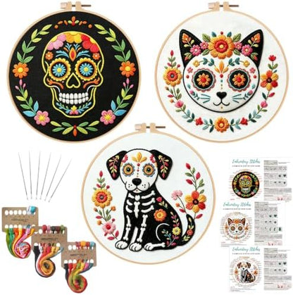 Nuberlic 3 Pack Sugar Skull Embroidery Kit for Beginners, Day of the Dead by Nuberlic