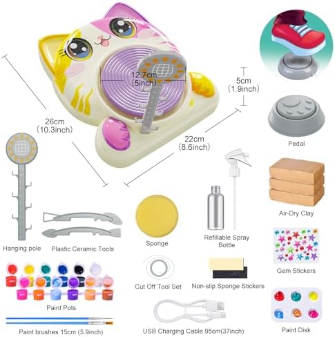 Roaxkois Pottery Wheel for Kids – Complete DIY Arts & Crafts Painting Kit with Air Dry Clay, Paints, Tools, Apron & Stickers – Creative Gift for Girls & Boys Ages 6 7 8 9 10 11 12+ - Image 3