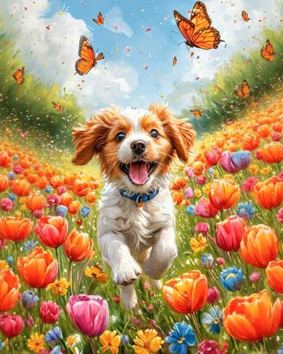 Paint by Numbers Kit for Adults, Happy Puppy & Tulip Design, 16x20 Inch by Okarina
