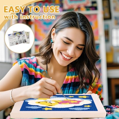 Doodlream Bear Cloud Needle Kit for Beginner, 9.4"x 9.4" Cartoon Animal Punch Stitching Craft Set, Color DIY Embroidery Starter with Printed Frame, Instruction, Threader, Yarn, Pinch Needle - Image 3