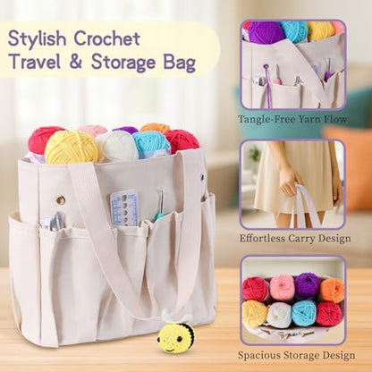 JC CRAFT Beginner Crochet Kit – 81 Piece Starter Set with 15 Colorful Yarns, Ergonomic Hooks, Complete Supplies, White Tote Bag, Accessories Case, Guide Book & Online Video Lessons - Image 3