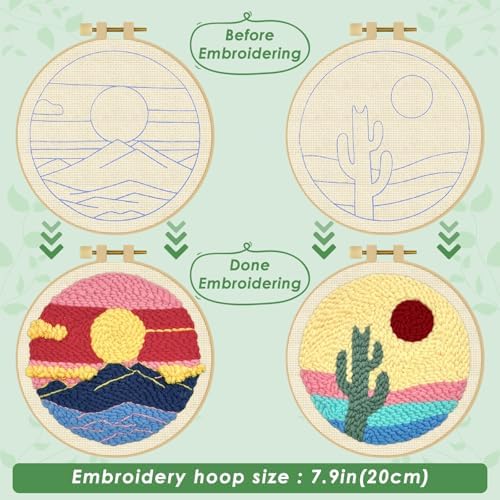 ERKOON Punch Needle Kit Adults Beginners, 2 Pcs DIY Easy Landscape Embroidery Set for Starter Art Craft, Needling Punching Project with Patterns, Tools, Yarns, Hoop, Instruction (Desert & Afterglow) - Image 3