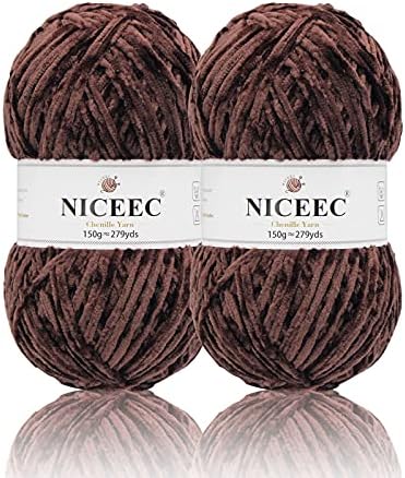 NICEEC 2 Skeins Soft Chenille Yarn 2 x255m (2X 279yds, 3X 150g)_Coffee by NICEEC