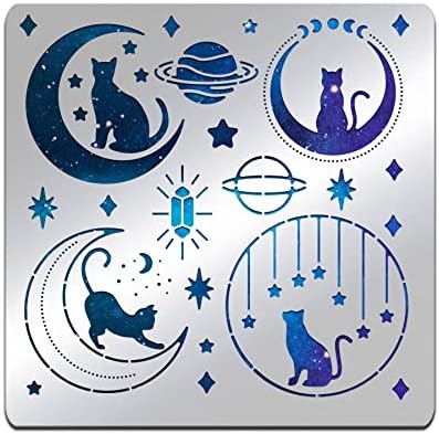 BENECREAT Fantasy Theme Stainless Steel Stencil, 6x6 inch Moon Cat Star Metal Notebook Stencil Templates for Wood Burning and Engraving Crafting, DIY Scrapbooking Photo Album by BENECREAT