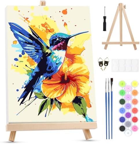 MXJSUA Hummingbird Flower Paint by Numbers Kit with Frame for Adults, Easy Beginners Paint by Number on Canvas with Easel, Acrylic Number Painting Craft Gifts for Home Decor, 8x12 inch by MXJSUA-DiamondPaintingkits