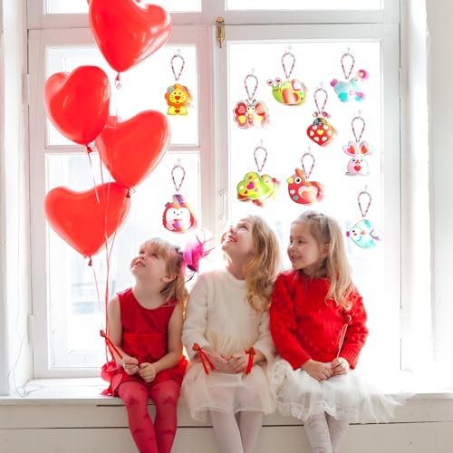 Dunzoom 30 Pack Valentine's Day Suncatcher Craft Kits for Classroom Exchange - DIY Pink Heart Paint Art Set - Bulk Valentines Party Favors Gifts, Non-Candy Activity, Window Ornaments Decor - Image 5