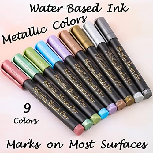 Dyvicl Metallic Brush Marker Pens - Metallic Pens Art Markers for Calligraphy, Brush Lettering, Black Paper, Rock Painting, Card Making, Scrapbooking, Fabric, Metal, Ceramic, Wine Glass, Set of 9 - Image 2