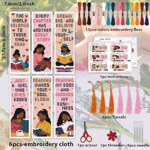 ACRNIGHEET 6PCS Cross Stitch Bookmark Kit for Beginner Women Reading Stamped Cross Stitch Kits Needlepoint Kit for Adults DIY Tassel Embroidery Bookmark Kits with Instructions Craft Gift 8.5"x3" 11CT - Image 2