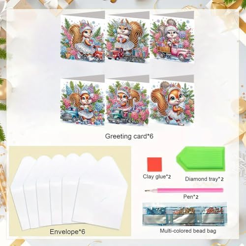 jinglinhh 6pcs Diamond Art Painting Christmas Squirrel Lavender Hydrangea Flowers Truck Greeting Cards with Envelopes, DIY Card Making Kits for Adults, Diamond Art Postcards Christmas Cards Craft Gift - Image 3