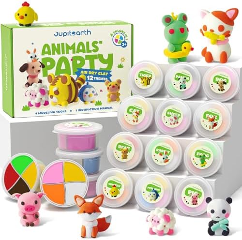 JUPITEARTH Air Dry Clay for Kids,12 Animals Theme Party Modeling Clay Set by JUPITEARTH