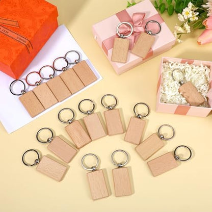 Dimeho 50 Pcs Wooden Keychain Blanks, Laser Engraving Wood Key Chain Rectangle Keychain Blank Bulk Wooden Key Ring Unfinished Various Keys Tag for DIY Craft Supplies - Image 3