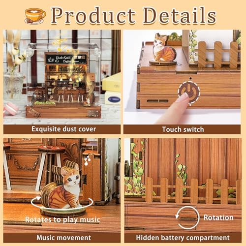 DIY Miniature House Kit (Vintage Coffee Shop) Tiny Dollhouse Kits for Adults to Build, Mini Model Kits with LED Light&Music Box&Dust-Proof Cover, Birthday Gifts for Family Friends - Image 5